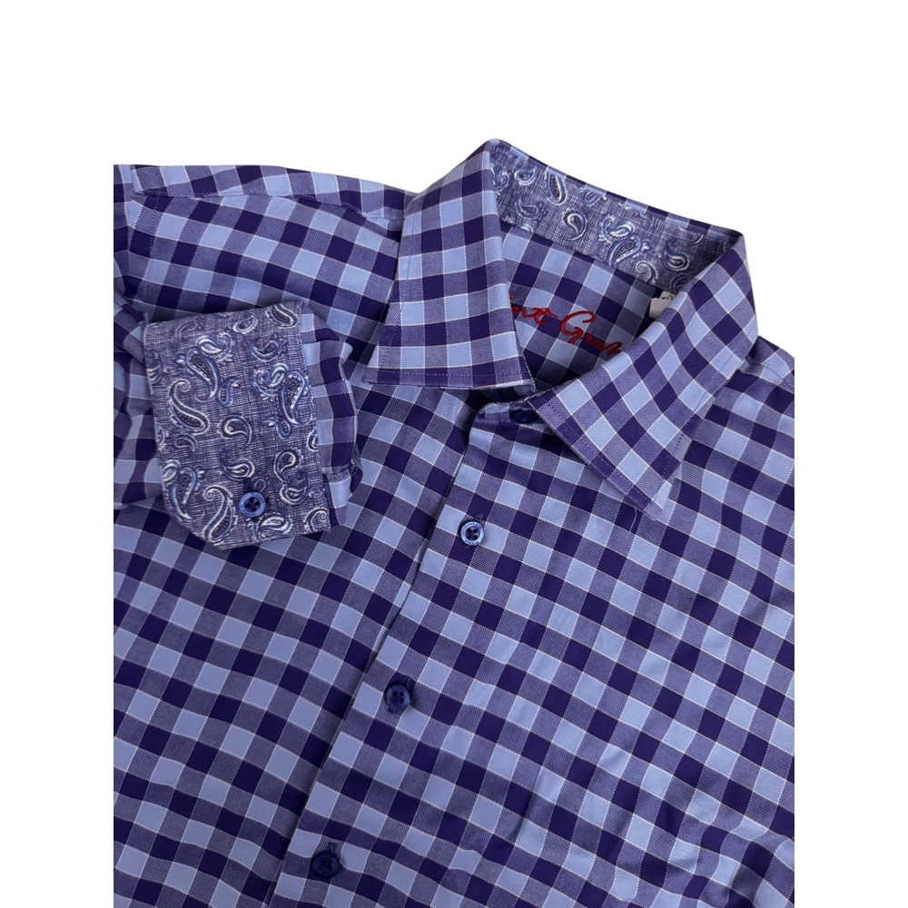 Robert Graham Boys Gingham Button Down Shirt Blue Purple Paisley Trim  14-16 L